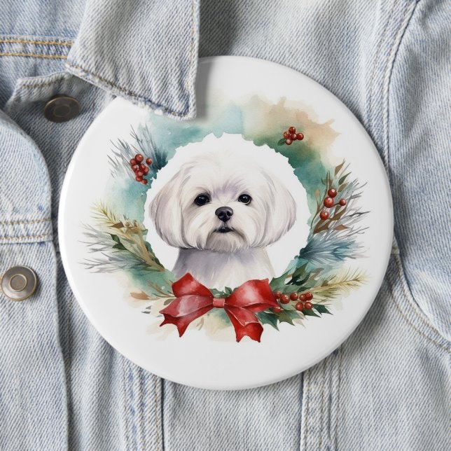 Maltese Christmas Wreath Festive Pup  6 Cm Round Badge (In Situ)