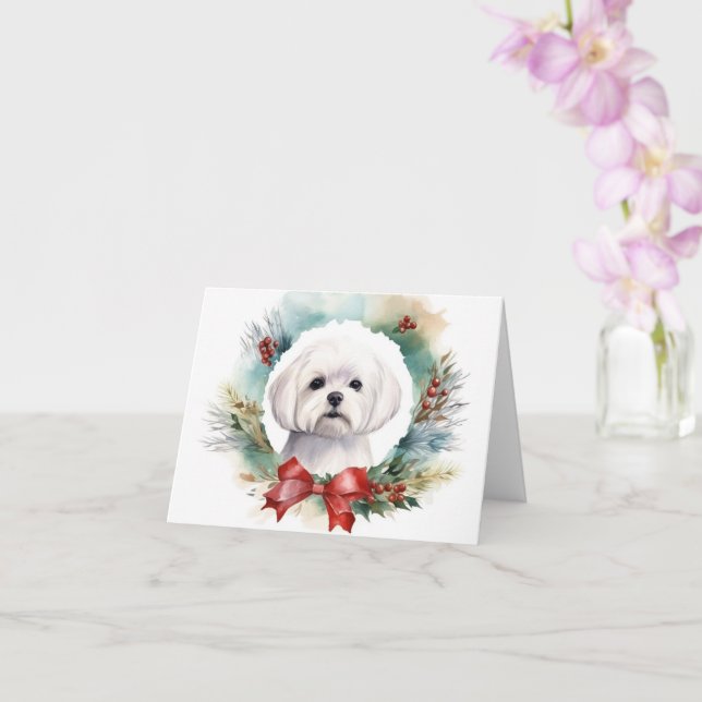 Maltese Christmas Wreath Festive Pup  Card (Orchid)