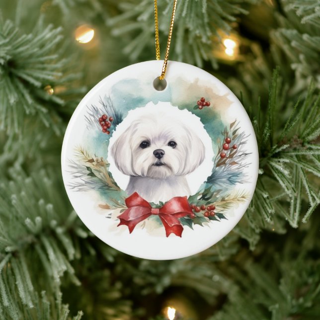 Maltese Christmas Wreath Festive Pup  Ceramic Tree Decoration (Tree)
