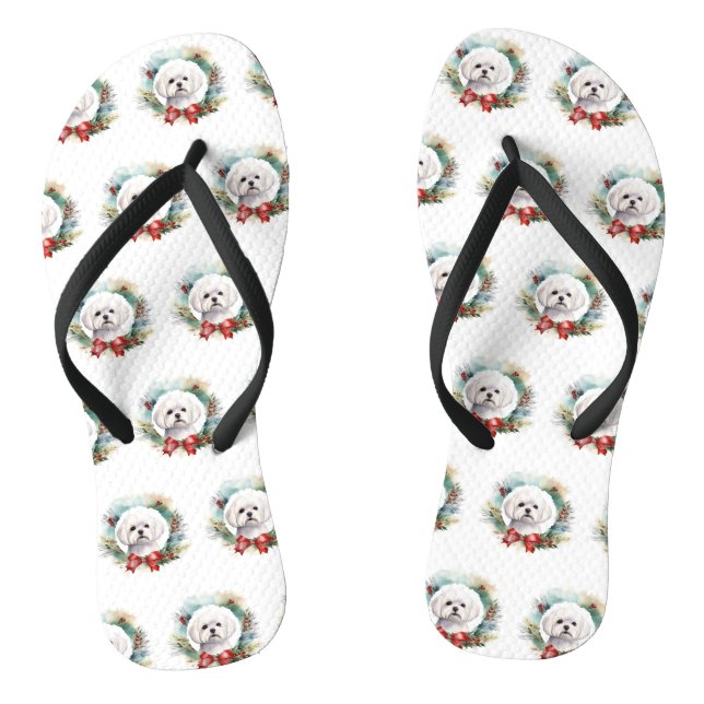 Maltese Christmas Wreath Festive Pup  Flip Flops (Footbed)