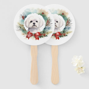 Maltese Christmas Wreath Festive Pup  Hand Fan