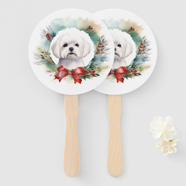 Maltese Christmas Wreath Festive Pup  Hand Fan (Front and Back)