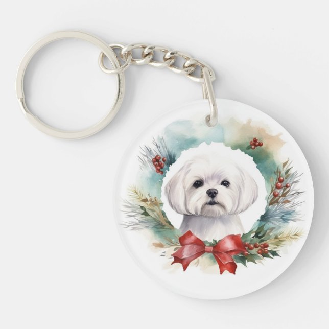 Maltese Christmas Wreath Festive Pup  Key Ring (Front)