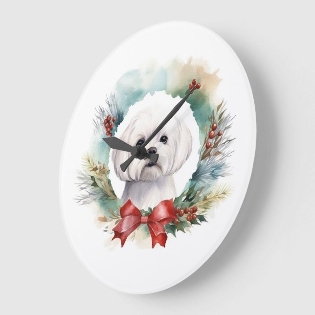 Maltese Christmas Wreath Festive Pup  Large Clock (Angle)