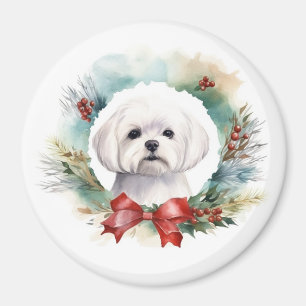 Maltese Christmas Wreath Festive Pup  Magnet