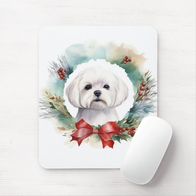 Maltese Christmas Wreath Festive Pup  Mouse Mat (With Mouse)