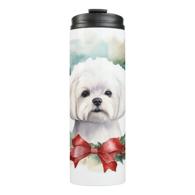 Maltese Christmas Wreath Festive Pup  Thermal Tumbler (Front)