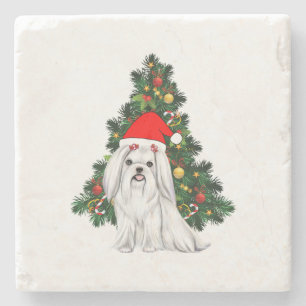 Maltese Christmas, Xmas Maltese Dog with Santa hat Stone Coaster