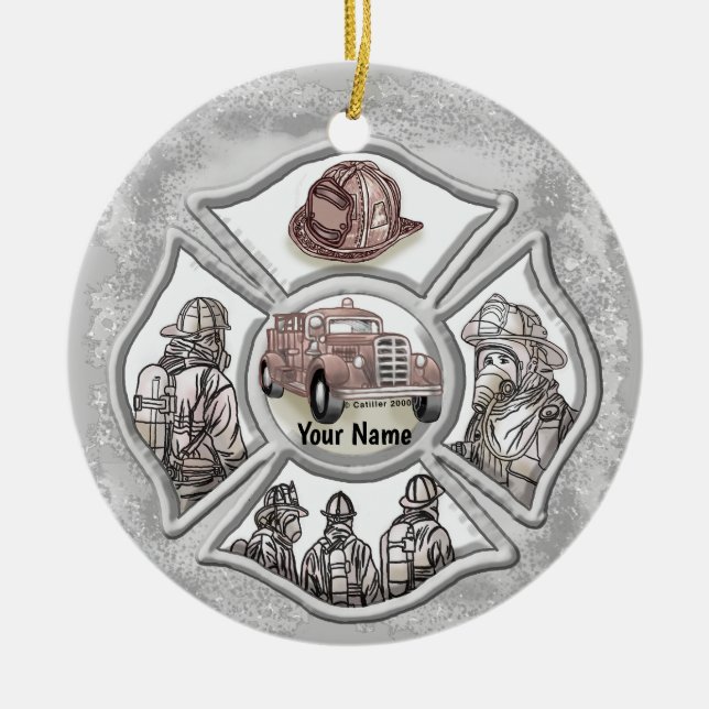 Maltese cross firefighter custom ceramic tree decoration (Front)
