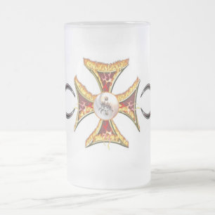 Maltese Cross on Fire Frosted Glass Beer Mug