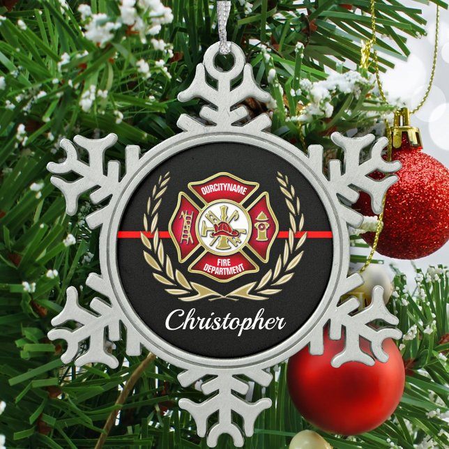 Maltese Cross Personalised Firefighter Snowflake Pewter Christmas Ornament (Creator Uploaded)