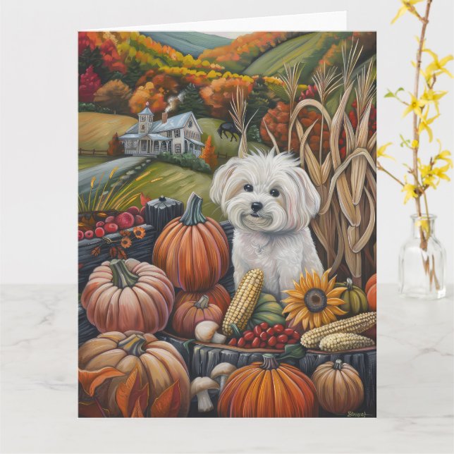 Maltese Dog Autumn Harvest Thanksgiving Card (Yellow Flower)