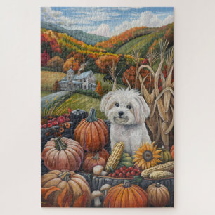 Maltese Dog Autumn Harvest Thanksgiving Jigsaw Puzzle