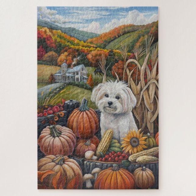 Maltese Dog Autumn Harvest Thanksgiving Jigsaw Puzzle (Vertical)