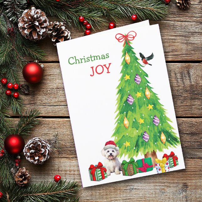 Maltese Dog, Bird and Christmas Tree Holiday Card (Creator Uploaded)