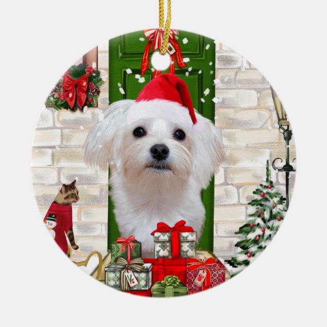 Maltese Dog Christmas  Ceramic Tree Decoration (Front)