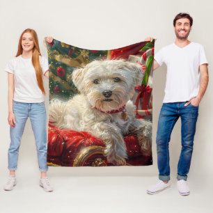 Maltese Dog Christmas Festive Fleece Blanket