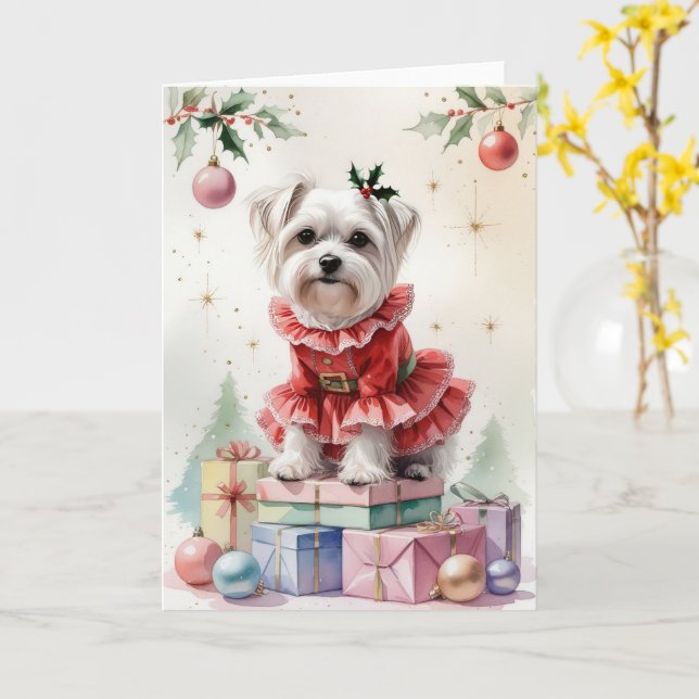 Maltese Dog Christmas Greeting Card (Yellow Flower)