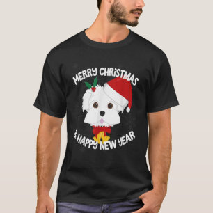 Maltese Dog Christmas Holiday Santa Hat Merry New T-Shirt