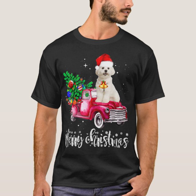 Maltese Dog Christmas Ride Red Truck  T-Shirt (Front)