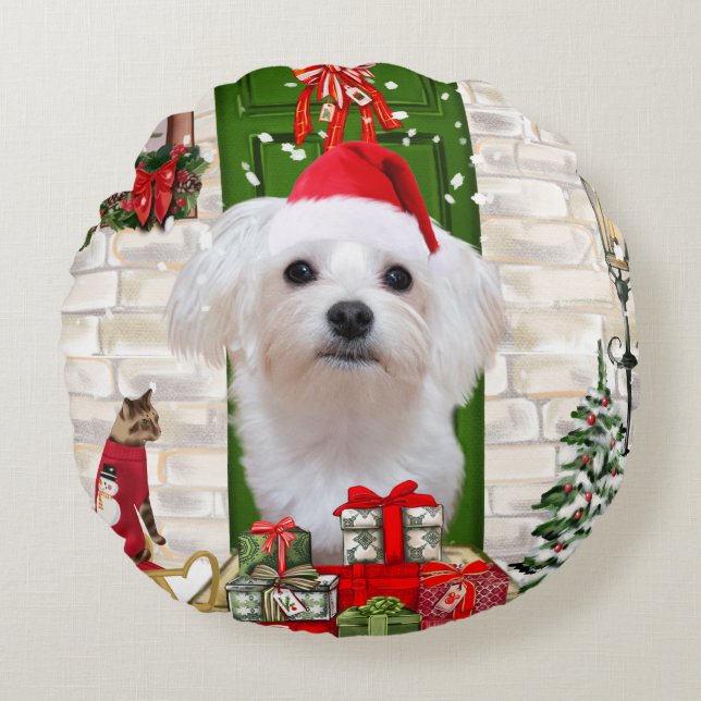 Maltese Dog Christmas  Round Cushion (Front)