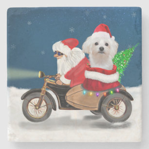 Maltese Dog Christmas Santa Claus Stone Coaster