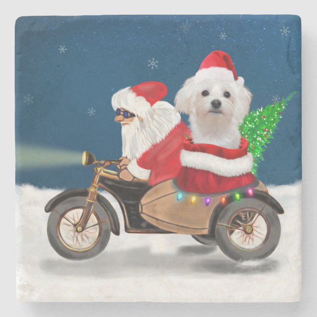 Maltese Dog Christmas Santa Claus  Stone Coaster (Front)