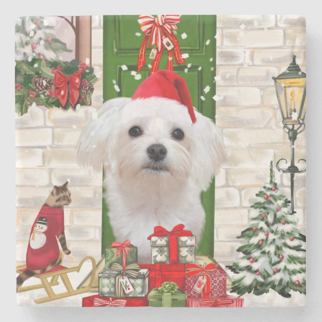 Maltese Dog Christmas  Stone Coaster (Front)