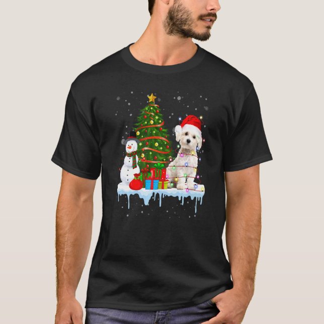 Maltese Dog Costume Santa Lights Hat In Snow Chris T-Shirt (Front)