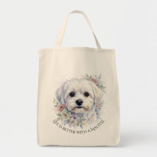 Maltese Dog Face & Back View Watercolor Tote Bag