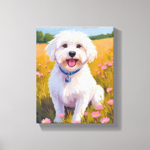 Maltese Dog Flower Field Painting Canvas Print