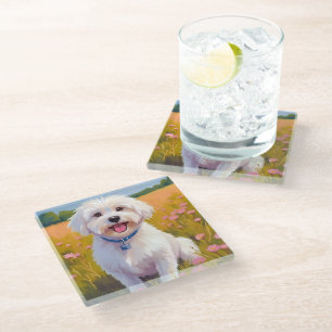 Maltese Dog Flower Field Painting Glass Coaster