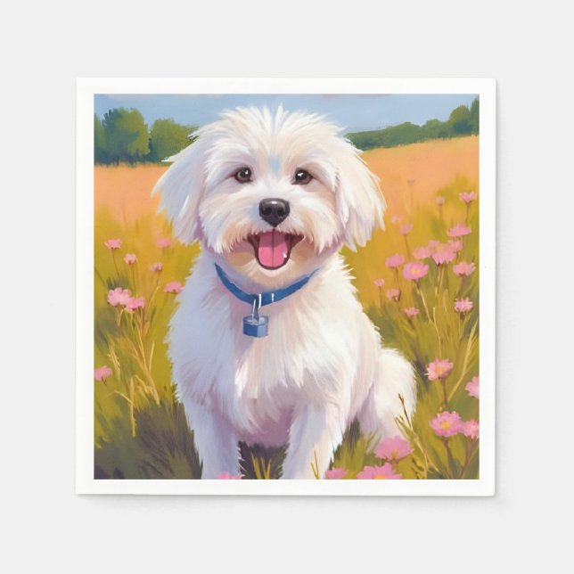 Maltese Dog Flower Field Painting Napkin (Front)