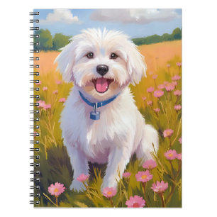 Maltese Dog Flower Field Painting Notebook