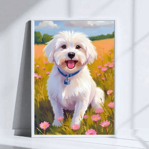 Maltese Dog Flower Field Painting Poster