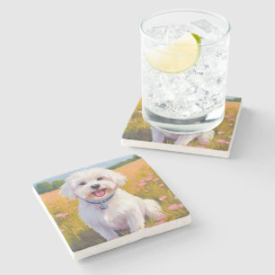 Maltese Dog Flower Field Painting Stone Coaster