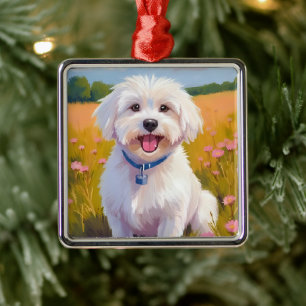 Maltese Dog Flower Field Pet Painting Metal Tree Decoration