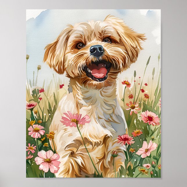 Maltese Dog Fluffy Watercolor Art Print Poster (Front)