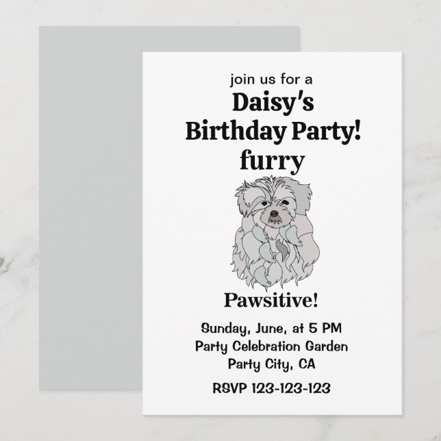 Maltese Dog Furry Pawsitive Funny Birthday Invitation (Front/Back)