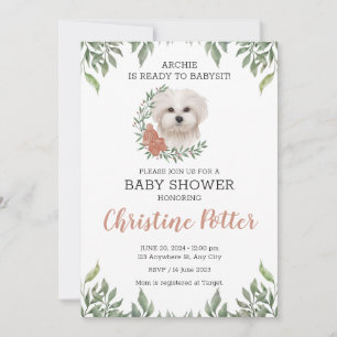 Maltese Dog Girl Boho Greenery Baby Shower Invitation