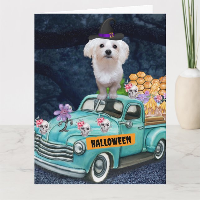 Maltese Dog Halloween Truck Scary Night Card (Front)