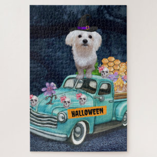 Maltese Dog Halloween Truck Scary Night   Jigsaw Puzzle