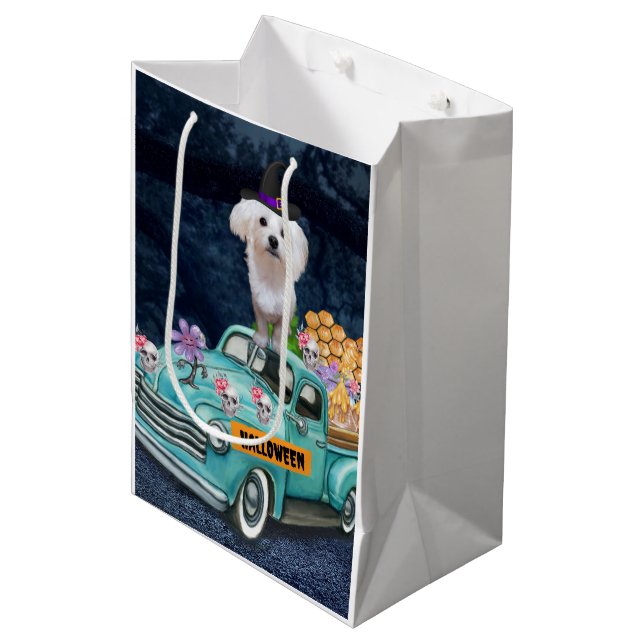 Maltese Dog Halloween Truck Scary Night Medium Gift Bag (Front Angled)
