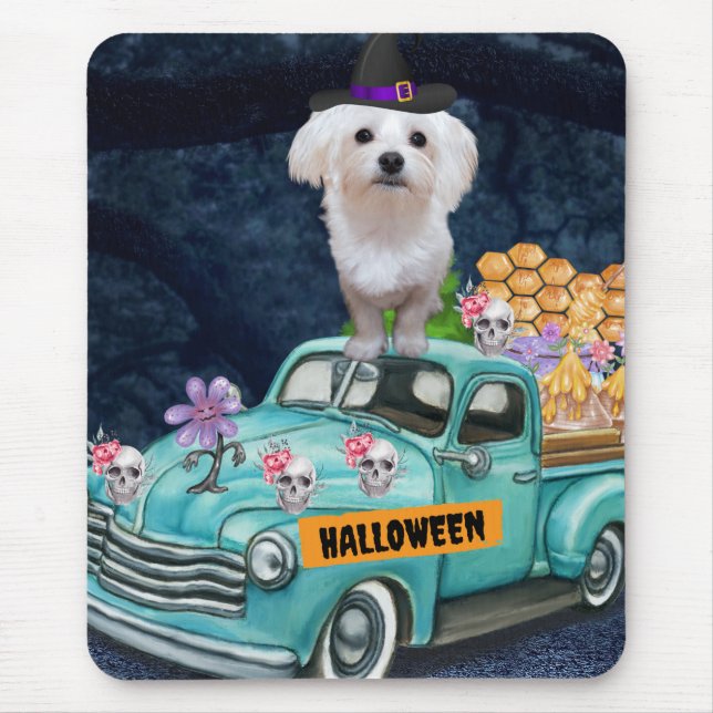 Maltese Dog Halloween Truck Scary Night   Mouse Mat (Front)