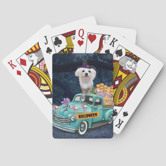Maltese Dog Halloween Truck Scary Night  Playing Cards (Back)