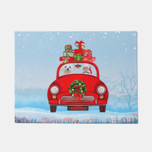 Maltese Dog In Car With Santa Claus Doormat