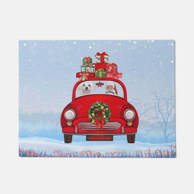 Maltese Dog In Car With Santa Claus  Doormat (Front)