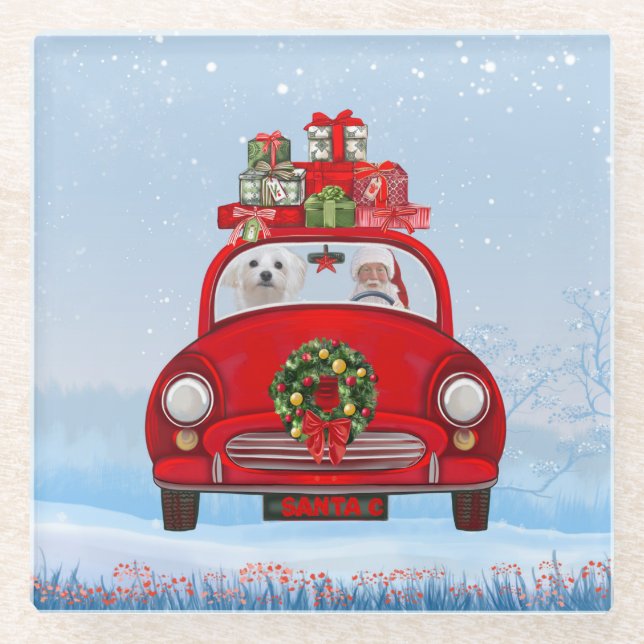 Maltese Dog In Car With Santa Claus Glass Coaster (Front)