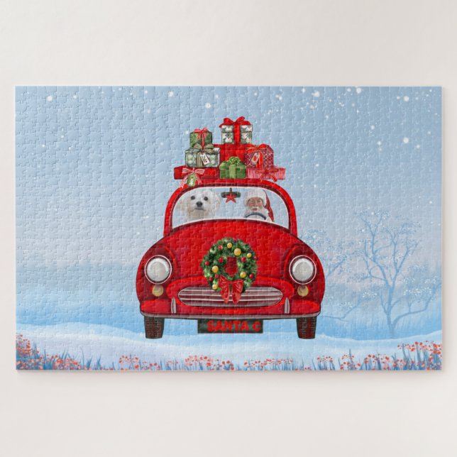 Maltese Dog In Car With Santa Claus  Jigsaw Puzzle (Horizontal)