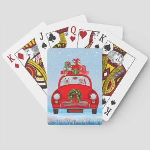Maltese Dog In Car With Santa Claus Playing Cards